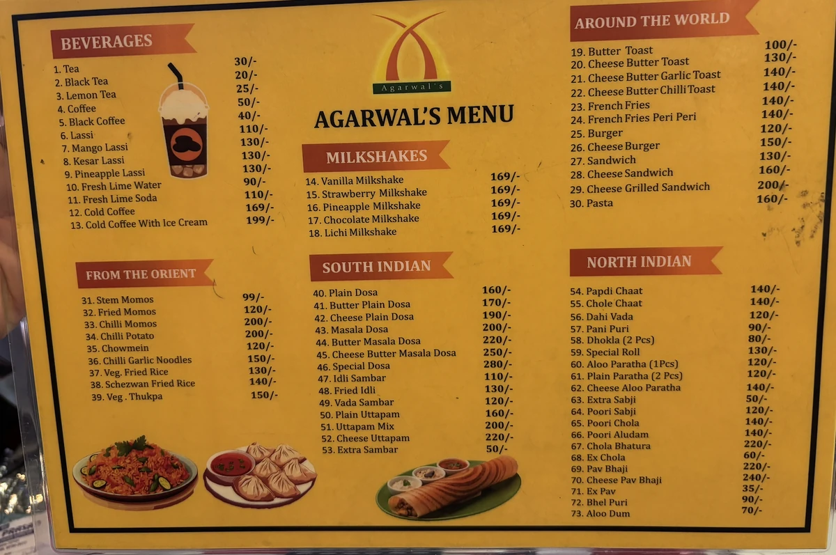 Agarwal's printed menu board, all 73 dishes